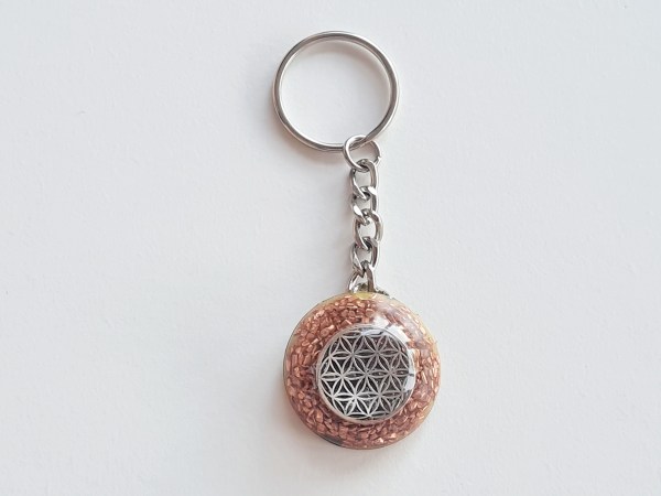 porte clé orgonite rond doré fleur de vie